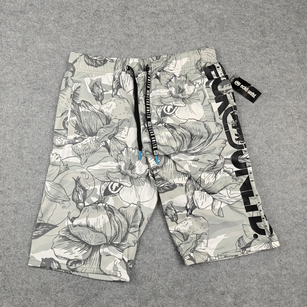 Ecko Unltd Shorts Mens Medium White Camo Floral Drawstring Logo Bermuda‎ Summer